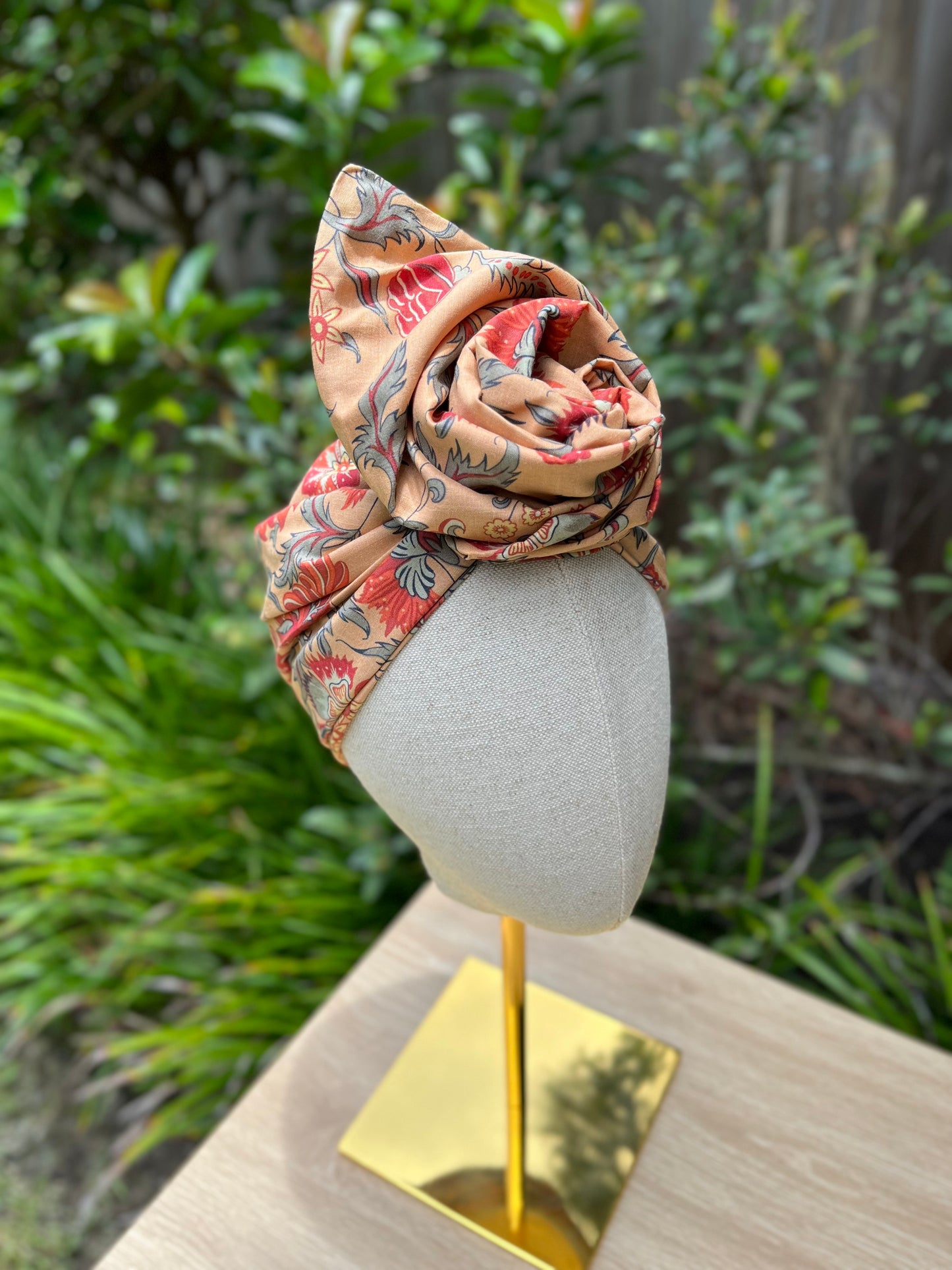 brown floral wired turban head wrap