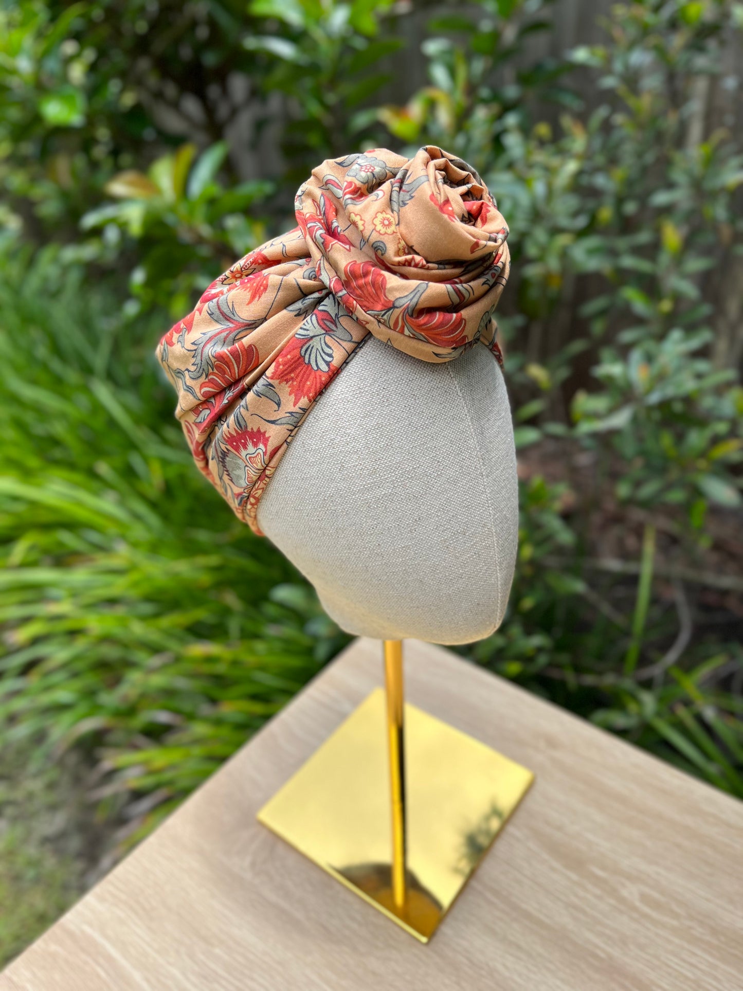 brown floral wired turban head wrap