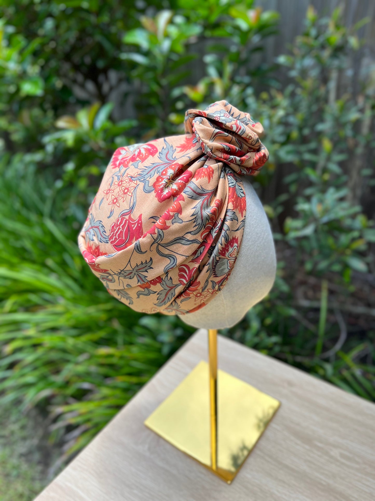 brown floral wired turban head wrap