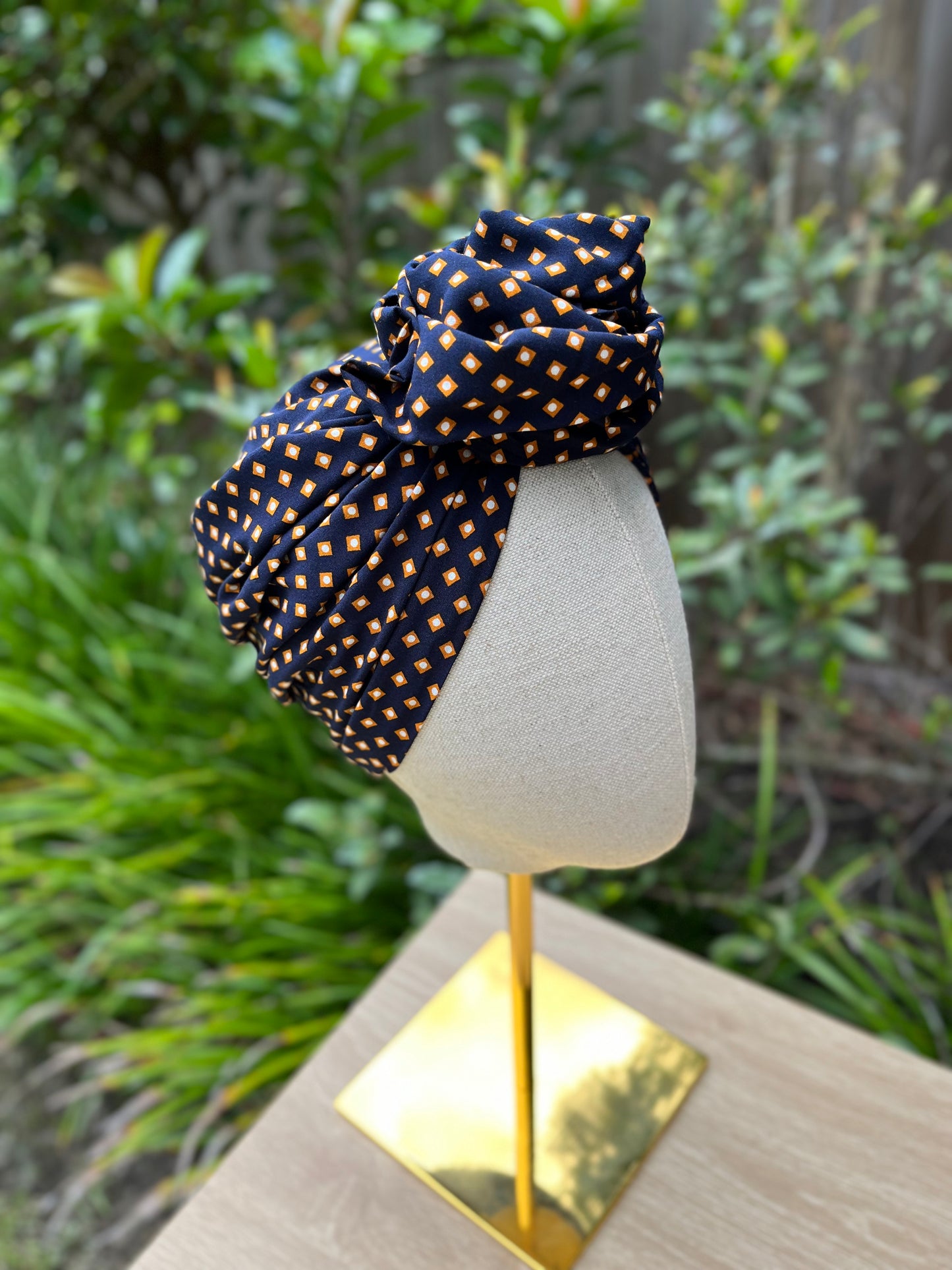 dotted navy blue wired turban head wrap