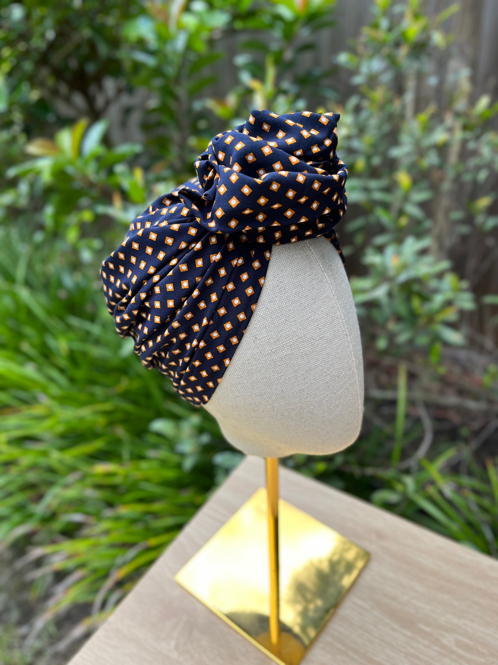 dotted navy blue wired turban head wrap