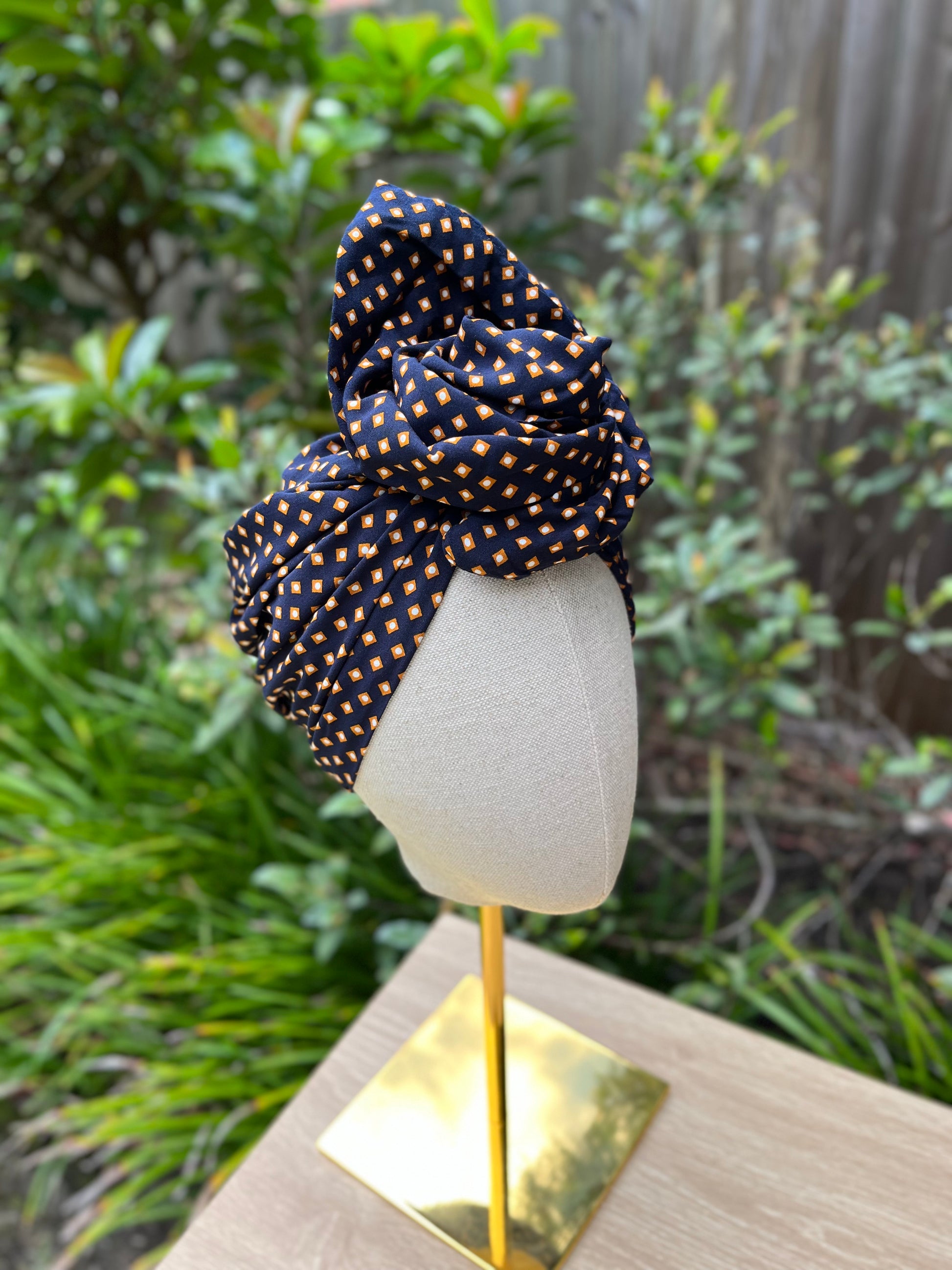 dotted navy blue wired turban head wrap